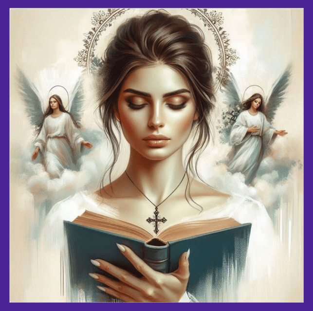 Visuel principal du Tarot de votre Souveraineté représentant une femme aux yeux clos tenant un livre sacré, entourée de deux anges - création de Christian Bourit et Joëlle de Surgères